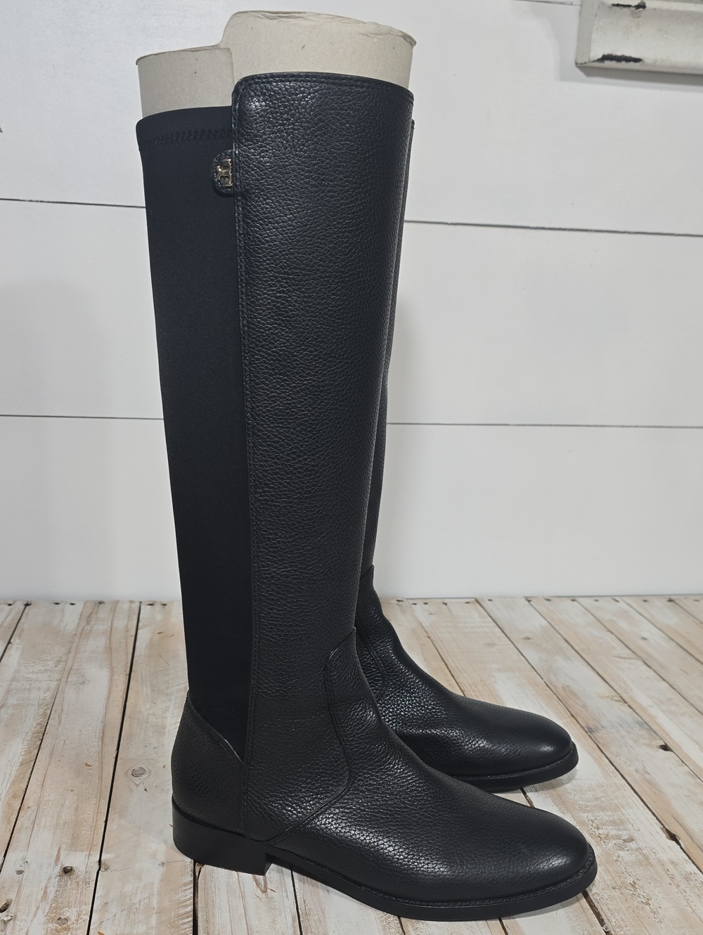 Tory Burch Selden Black Pebbled Leather Tall Riding Boots Size 8.5